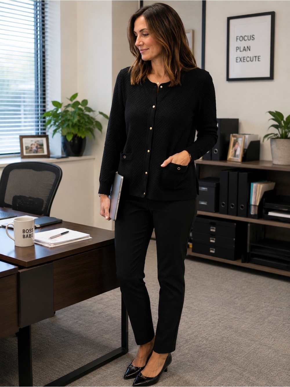 Grace Karin Black Quilted Button-Front Cardigan